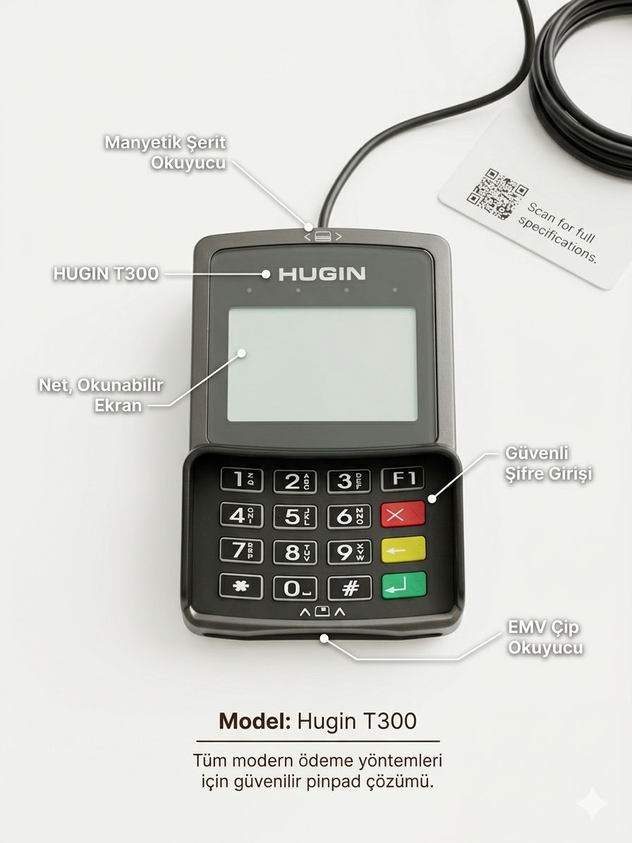 5- Hugin T300 Pinpad – Temassız, Çip ve Manyetik Ödeme Destekli