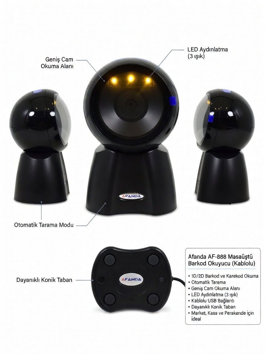 Afanda AF-888 Masaüstü Barkod Okuyucu | 1D/2D QR Kod, Otomatik Tarama, USB Kablolu