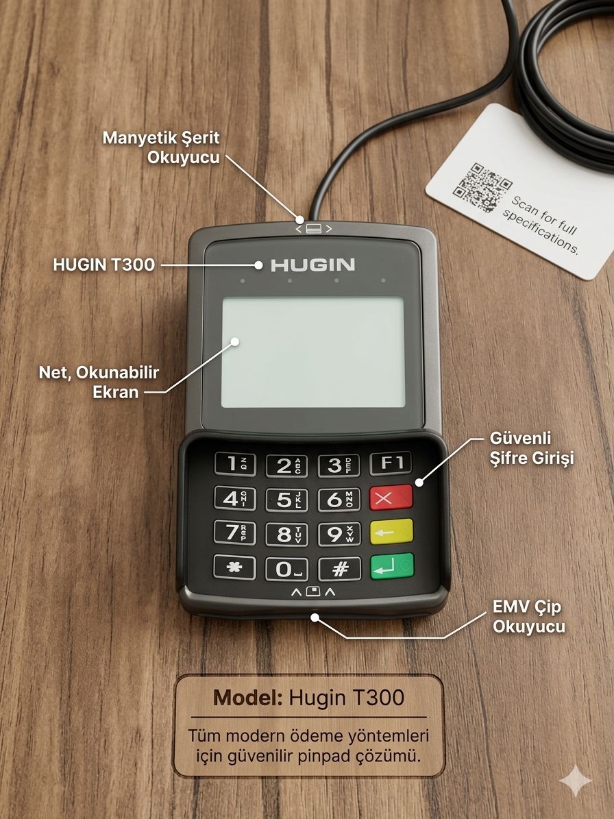 5- Hugin T300 Pinpad – Temassız, Çip ve Manyetik Ödeme Destekli